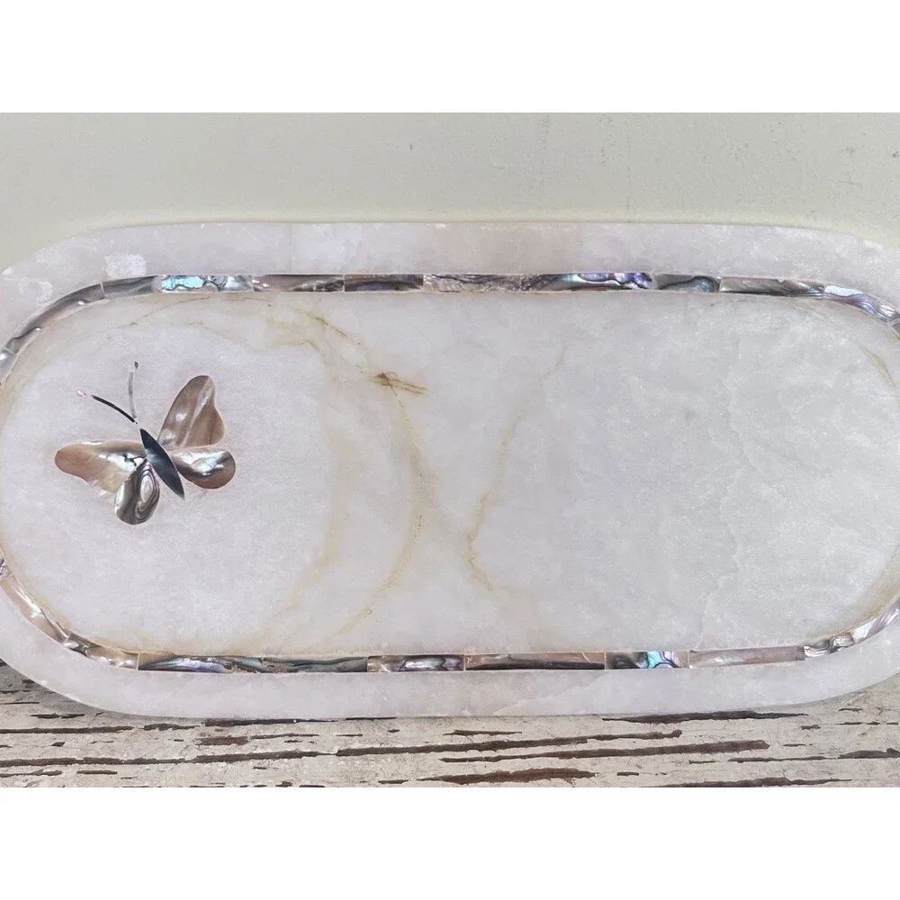 Vintage White Quartz Butterfly Mother-Of-Pearl Inlay Decorative Trinket Tray 12”